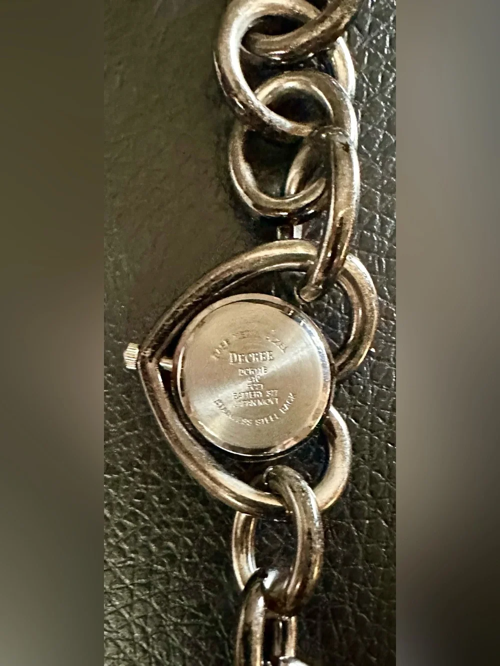 Decree Silver Heart Link Bracelet Watch with Black Dial